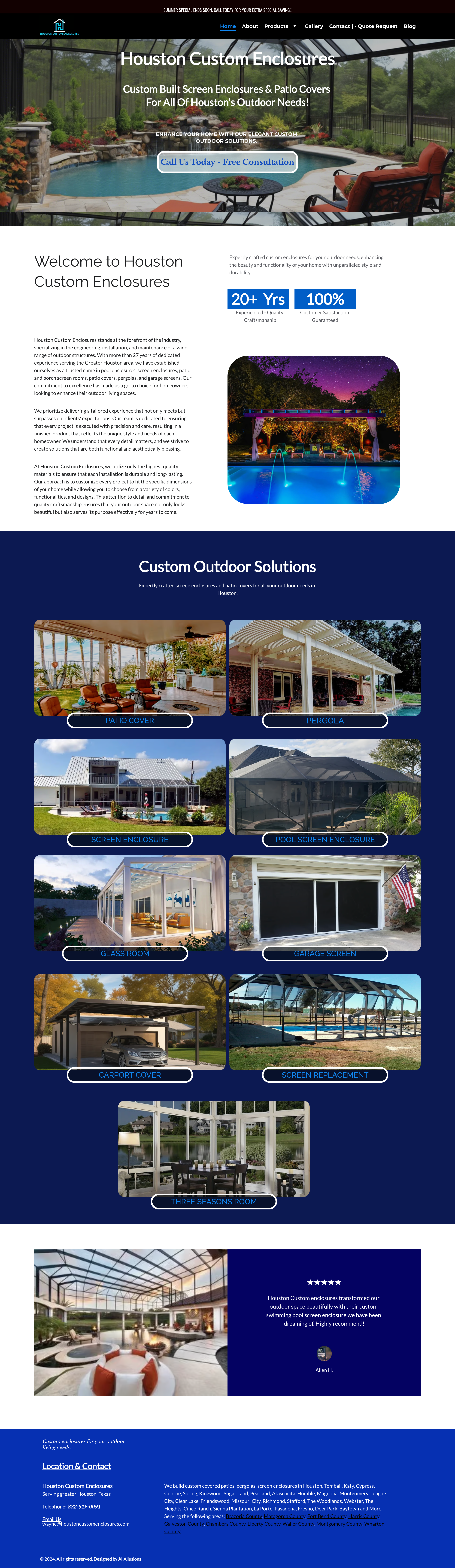 Houston Custom Enclosures — outdoor living and patio cover service website